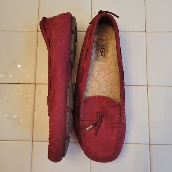 UGG Australia Red Suede Leather Sheepskin Lined Driving Moccasin Slippers 7 - Picture 1 of 10